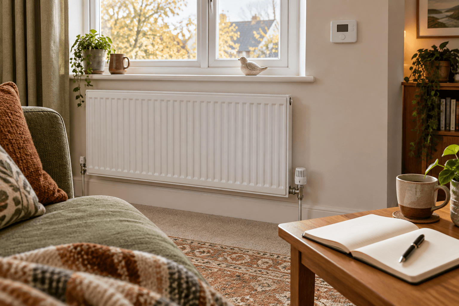 Illustration of a radiator, room thermostat and notebook for a first autumn heating test at home.